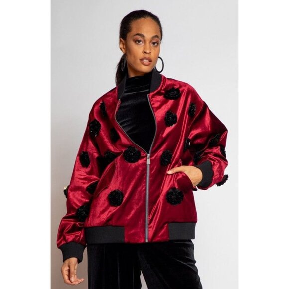 Anthropologie Eva Franco Velvet Floral Embroidered Bomber Jacket Burgundy Red - Picture 2 of 3